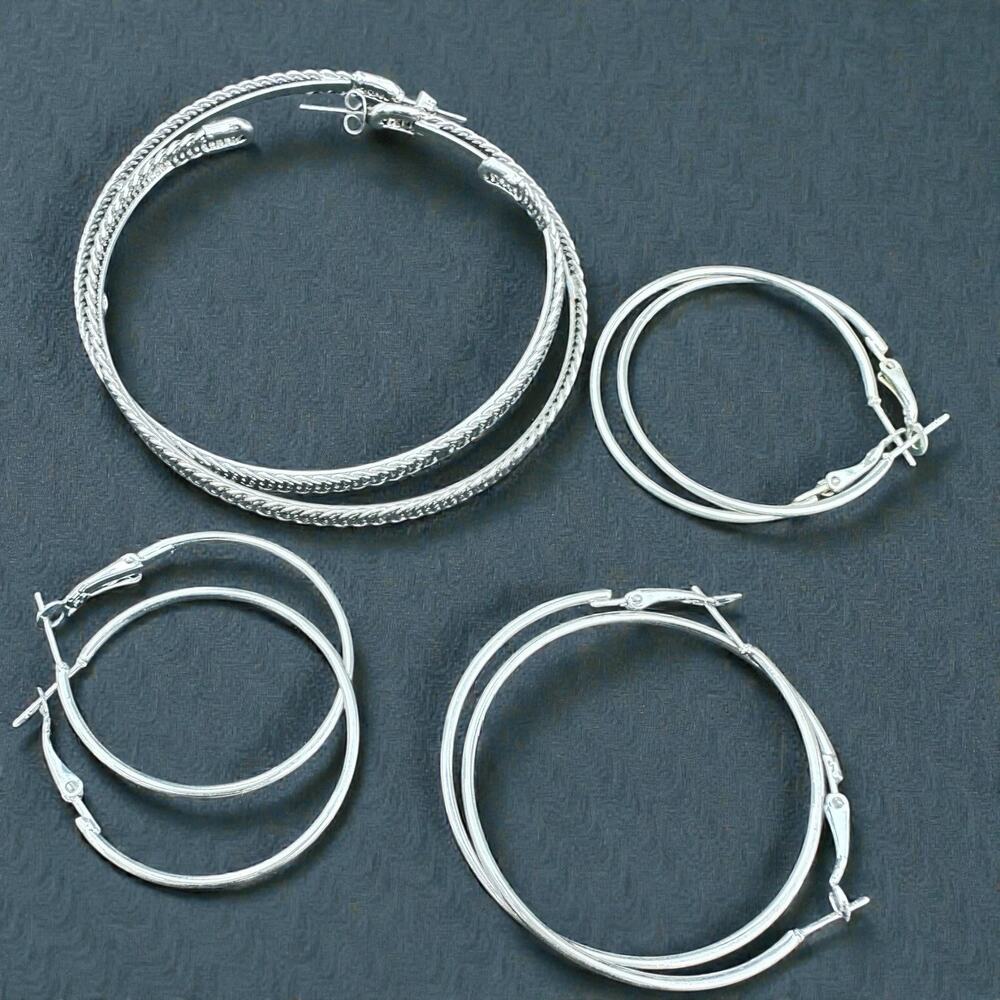 Silver Tone Hoop Earrings Lot Large Jumbo Minimal Hoops Earring Jewelry 1.5” 3”